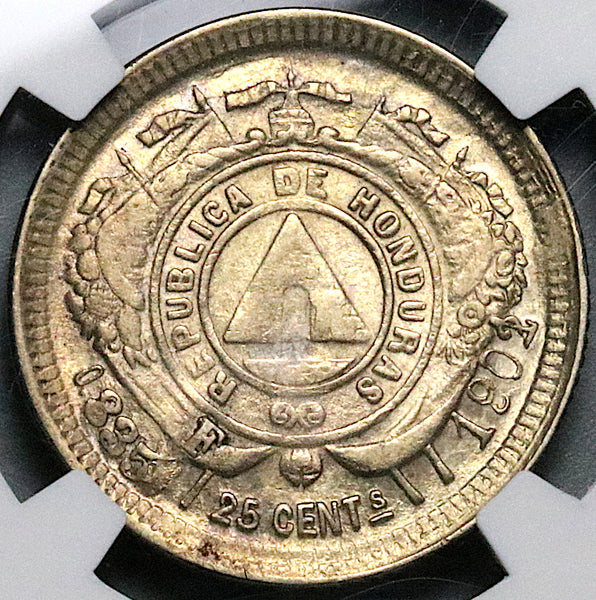 1902/801 NGC AU 55 Honduras 25 Centavos Standing Liberty Coin POP 2/2 (23061901C)