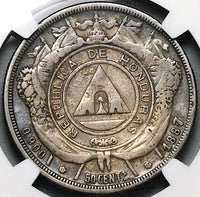1887/5 NGC VF Honduras 50 Centavos Pyramid Rare Silver Coin (23102002C)