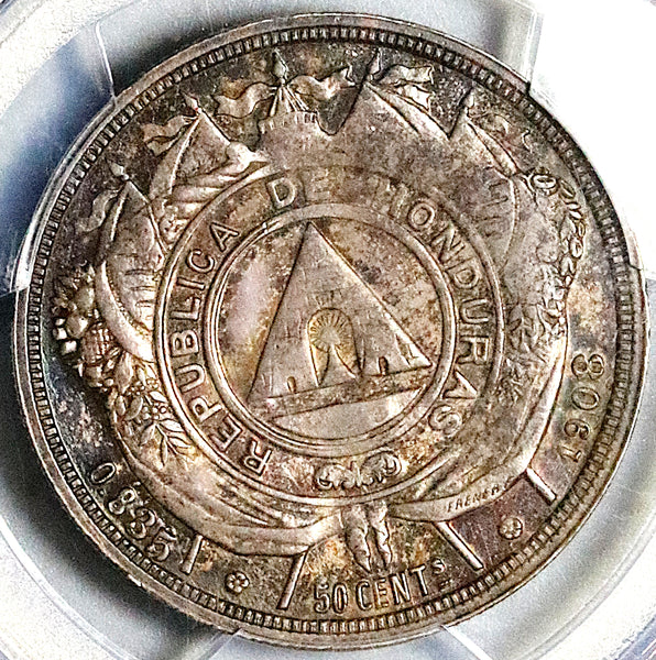 1908 PCGS AU 55 Honduras 50 Centavos Pyramid Rare Coin POP 1/0 (25082603C)