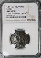 1689 NGC UNC James II Ireland Shilling Nov Gun Money Rebellion Coin POP 1/0 (24032701C)