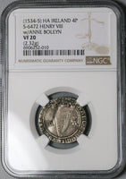1534 NGC VF 20 Ireland Henry VIII Anne Boleyn 4 Pence Groat Harp Silver Coin (24111004C)
