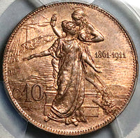 1911 PCGS MS 64 Italy 10 Centesimi Kingdom Anniversary RB Coin (23090401C)