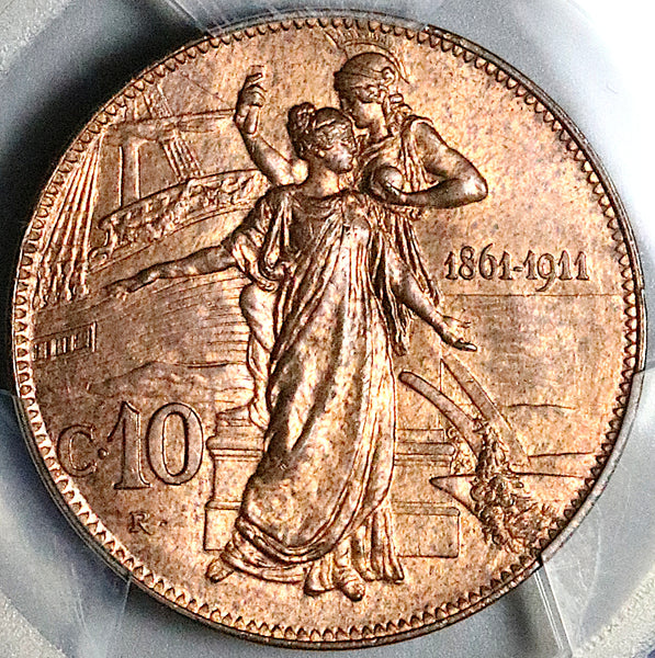 1911 PCGS MS 64 Italy 10 Centesimi Kingdom Anniversary RB Coin (23090401C)