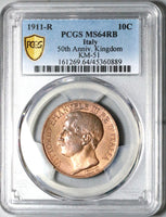 1911 PCGS MS 64 Italy 10 Centesimi Kingdom Anniversary RB Coin (23090401C)