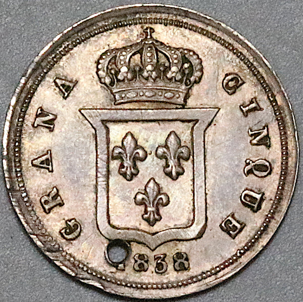 1838 Naples Sicily 5 Grana AU Italy State Silver Scarce Coin (23091402R)
