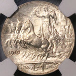 1910 NGC MS 64 Italy 1 Lira Horses Chariot Silver Mint State Coin POP 1/3 (23050704D)