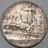 1912 Italy 1 Lira AU Horses Chariot Quadriga Rome Mint Silver Coin (24090603R)
