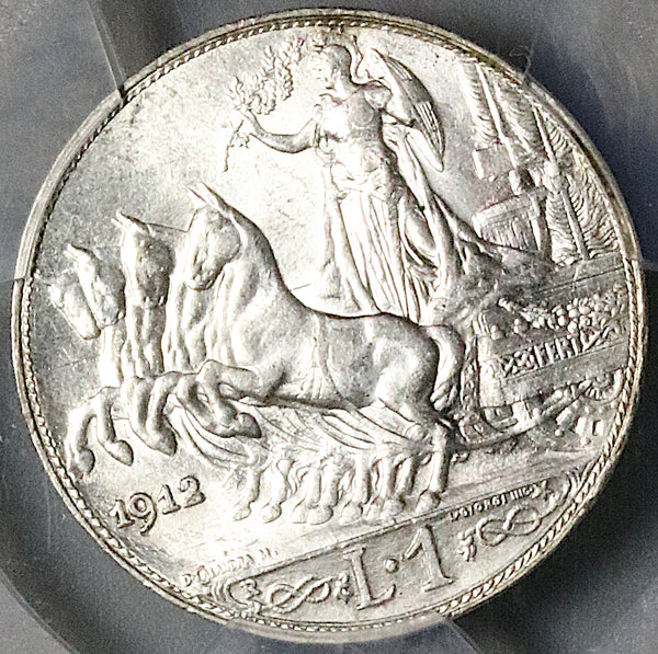 1912 PCGS MS 64 Italy 1 Lira Horses & Chariot Silver Mint State Coin (24031002C)