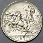 1917 Italy 1 Lira VF Horses Chariot Quadriga Rome Mint Silver Coin (24052806R)
