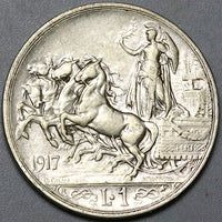 1917 Italy 1 Lira VF Horses Chariot Quadriga Rome Mint Silver Coin (24052806R)