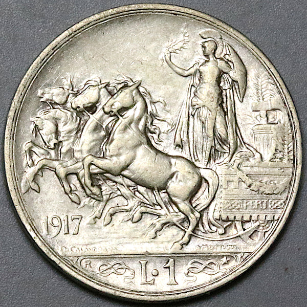 1917 Italy 1 Lira VF Horses Chariot Quadriga Rome Mint Silver Coin (24052806R)