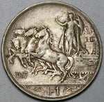 1917 Italy 1 Lira XF Horses Chariot Quadriga Rome Mint Silver Coin (24052807R)
