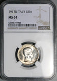 1917 NGC MS 64 Italy 1 Lira Horses Chariot Mint State Silver Coin (25121802C)
