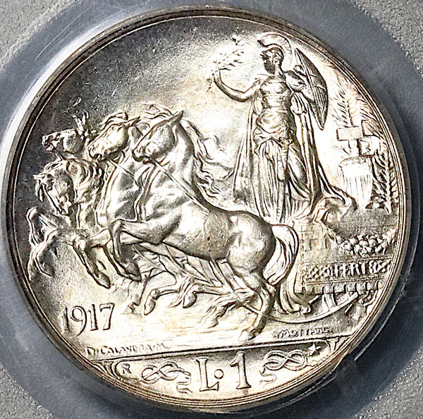 1917 PCGS MS 64 Italy 1 Lira Horses Chariot Silver Mint State Coin (21101705D)