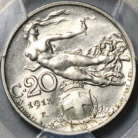 1913 PCGS MS 62 Italy 20 Centesimi Flying Woman Mint State Coin (24081802C)