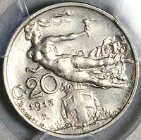 1913 PCGS MS 62 Italy 20 Centesimi Flying Woman Mint State Coin (24081802C)