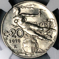 1919 NGC MS 62 Italy 20 Centesimi Flying Woman Rare Date Mint State Coin (24021201C)