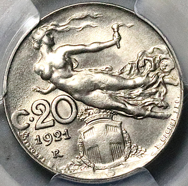 1921 PCGS MS 63 Italy 20 Centesimi Flying Woman Mint State Rome Coin (25091002C)