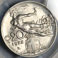 1922 PCGS MS 62 Italy 20 Centesimi Flying Woman Mint State Last Year Coin (24071801C)