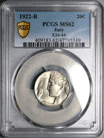 1922 PCGS MS 62 Italy 20 Centesimi Flying Woman Mint State Last Year Coin (24071801C)