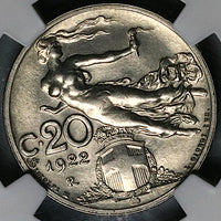 1922 NGC MS 65 Italy 20 Centesimi Flying Woman Gem Mint State Coin POP 1/0 (23082901C)