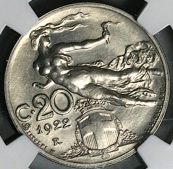 1922 NGC MS 65 Italy 20 Centesimi Flying Woman Gem Mint State Coin POP 1/0 (23082901C)