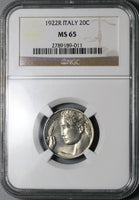 1922 NGC MS 65 Italy 20 Centesimi Flying Woman Gem Mint State Coin POP 1/0 (23082901C)