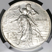 1911 PCGS AU 58 Italy 2 Lire Kingdom Anniversary Silver Coin (24120603C)