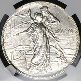 1911 PCGS AU 58 Italy 2 Lire Kingdom Anniversary Silver Coin (24120603C)