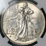 1911 NGC MS 62 Italy 2 Lire Kingdom 50th Year Anniversary Silver Coin (25120902C)