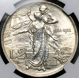 1911 NGC MS 62 Italy 2 Lire Kingdom 50th Year Anniversary Silver Coin (25120902C)
