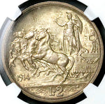 1914 NGC MS 65 Italy 2 Lire Horses Chariot Silver Mint State Coin (24112902C)