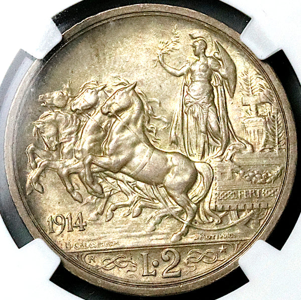 1914 NGC MS 65 Italy 2 Lire Horses Chariot Silver Mint State Coin (24112902C)