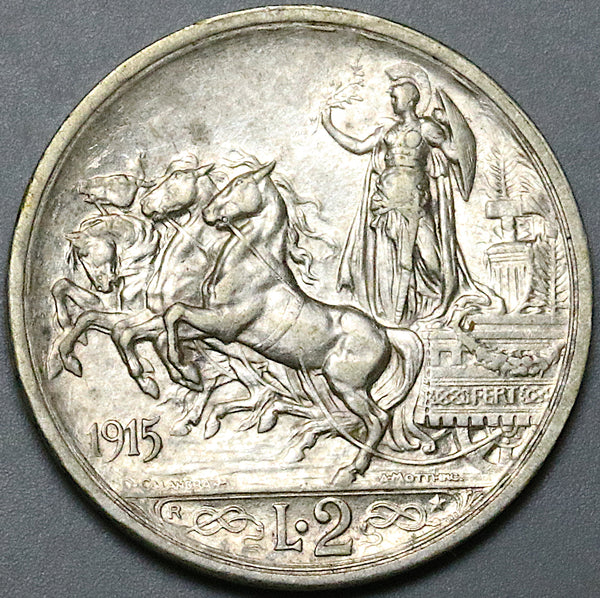 1915 Italy 2 Lire AU Horses Chariot Quadriga Silver Coin (24053102R)