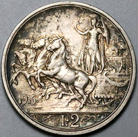 1915 Italy 2 Lire AU Horses Chariot Quadriga Silver Coin (24053103R)