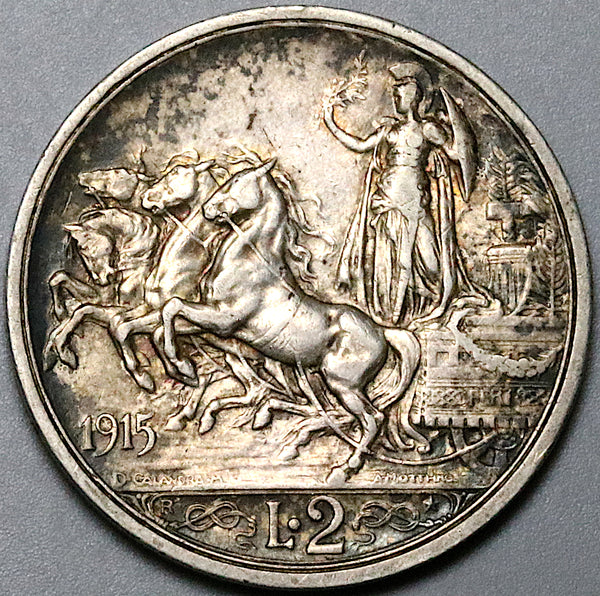 1915 Italy 2 Lire AU Horses Chariot Quadriga Silver Coin (24053103R)