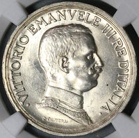 1915 NGC MS 64 Italy 2 Lire Horses Chariot Silver Mint State Coin (24051403C)