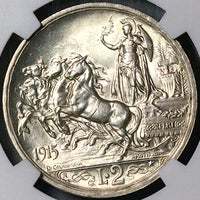 1915 NGC MS 64 Italy 2 Lire Horses Chariot Silver Mint State Coin (24051403C)