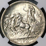 1915 NGC MS 64 Italy 2 Lire Horses Chariot Silver Mint State Coin (24051403C)