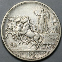 1916 Italy 2 Lire XF Horses Chariot Quadriga Silver Coin (24060101R)
