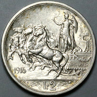 1916 Italy 2 Lire AU Horses Chariot Quadriga Silver Coin (24060102R)