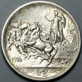 1916 Italy 2 Lire AU Horses Chariot Quadriga Silver Coin (24060102R)