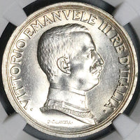 1916 NGC MS 63+ Italy 2 Lire Horses Chariot Silver Mint State Coin (24051404C)