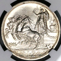 1916 NGC MS 63+ Italy 2 Lire Horses Chariot Silver Mint State Coin (24051404C)
