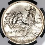 1916 NGC MS 63+ Italy 2 Lire Horses Chariot Silver Mint State Coin (24051404C)