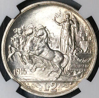 1916 NGC MS 63+ Italy 2 Lire Horses Chariot Silver Mint State Coin (24051404C)