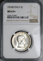 1916 NGC MS 63+ Italy 2 Lire Horses Chariot Silver Mint State Coin (24051404C)