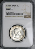 1916 NGC MS 63+ Italy 2 Lire Horses Chariot Silver Mint State Coin (24051404C)