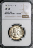 1917 NGC MS 63 Italy 2 Lire Horses Chariot Mint State Key Silver Coin (25120601C