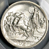 1917 PCGS MS 64 Italy 2 Lire Horses Chariot Mint State Key Silver Coin POP 7/0 (26042601C)